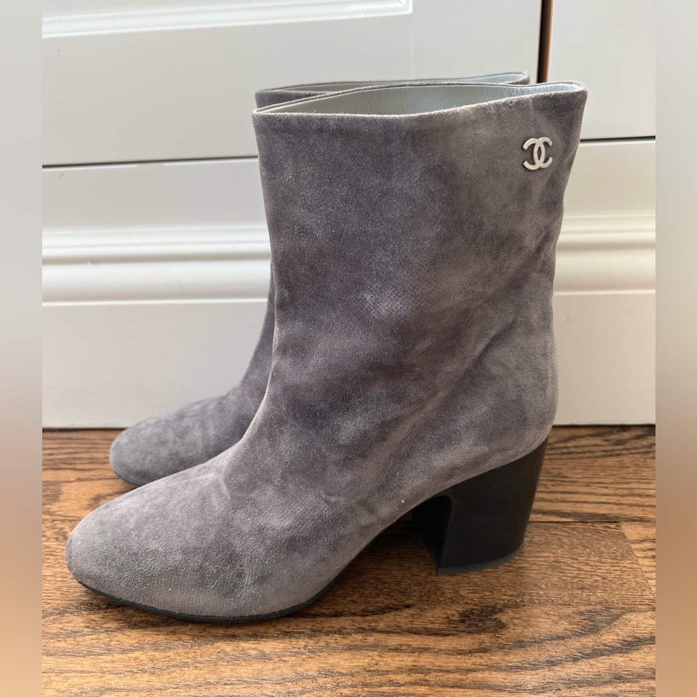 Gray Chanel Suede Boots